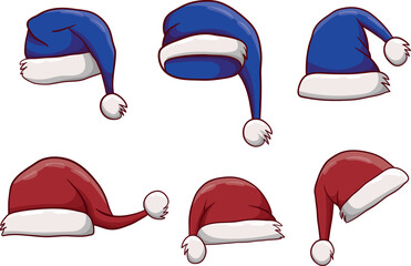 Set of Red and Blue Santa Claus Hats in Various Positions and Angles, Christmas Cap Vector Illustration
