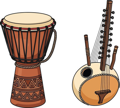 African traditional musical instruments djembe percussion drum and kora string harp lute isolated on transparent canvas