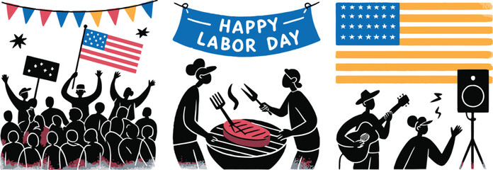 Labor Day activities featuring crowd barbecue musician American flag stylized scenes