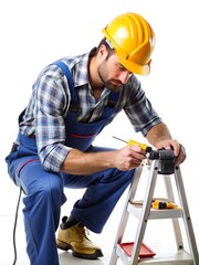 Man in a blue work suit is fixing a ladder