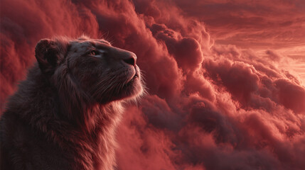 A big god of tiger looking up to the sky , beautiful cloud is background , epic animal image