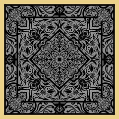 A circular mandala pattern with lotus flowers for henna, mehndi, and decoration. A black, ethnic oriental decorative ornament for a headband. Perfect for Ramadan designs.