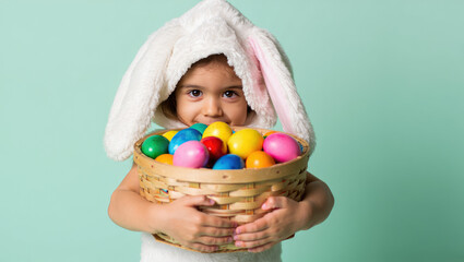 Child wearing bunny costume holding colorful Easter eggs basket against pastel background suitable for holiday celebrations, greeting cards, and festive promotions, Easter sale, advertising
