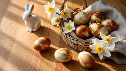 Ceramic rabbit figurine with dyed Easter eggs in wicker basket decorated with white daffodils on wooden table, perfect for seasonal greetings and festive home decor advertisements, 