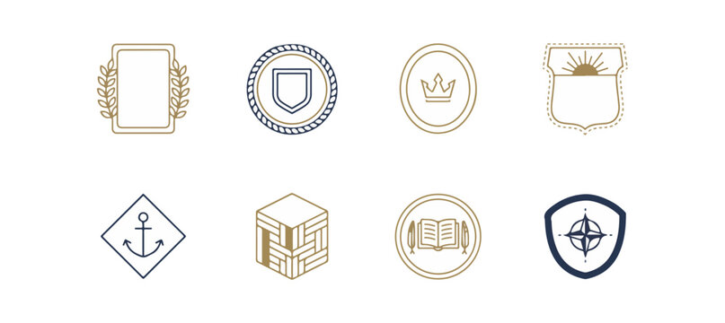 Decorative emblems and badges in gold and navy blue on black background
