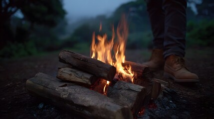 A person in boots stands near a crackling campfire in a misty dark outdoor setting at dusk or dawn