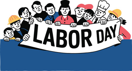 Labor Day banner held by diverse group of workers