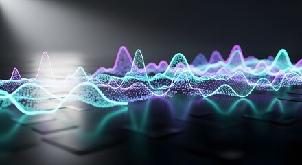 A dynamic abstract visualization of digital sound waves, rendered with vibrant neon cyan and magenta glowing lines, set against a dark grid background with subtle illumination.