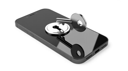 Mobile security and data protection visualized by a key unlocking a smartphone screen