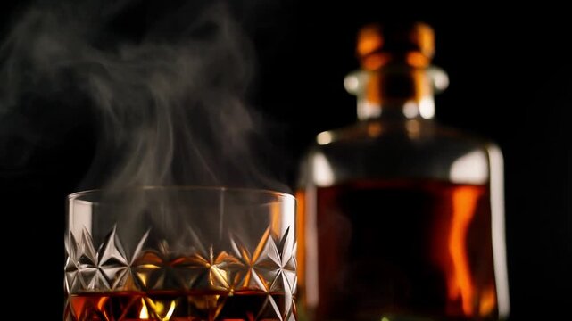 Professional luxury bar render featuring subtle smoke effects and glowing amber liquid bottles.