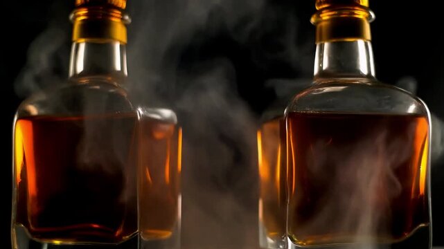 Cinematic slow-motion smoke rising elegantly behind backlit whiskey bottles, perfect loop, 4K.