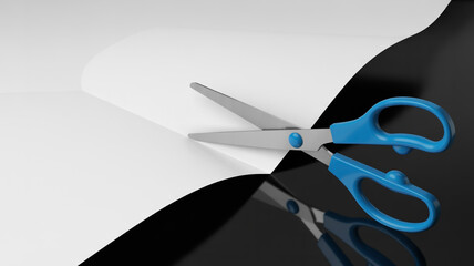 Blue handled scissors cutting a white sheet of paper on a reflective black surface