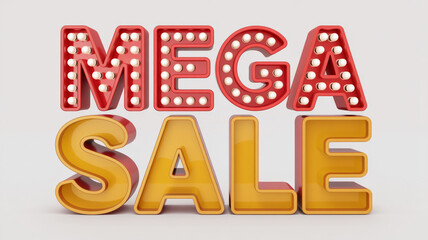 Mega sale 3d rendering with vibrant red marquee and shiny gold letters for promotional events