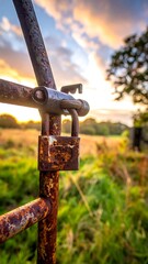 Rusty padlock on metal gate post with open field and sunset skies in the background