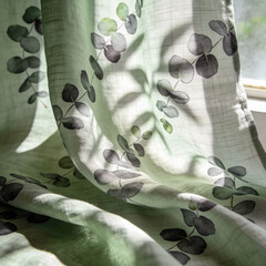 Sunlight through organic linen fabric with botanical pattern, soft drapery and natural texture, luxury lifestyle detail