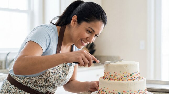 Woman decorating multi-layered cake with icing and colorful sprinkles  