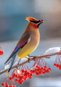 Cedar waxwing bird with berry