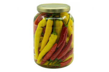 Jar of pickled red and yellow chili peppers isolated on a transparent background