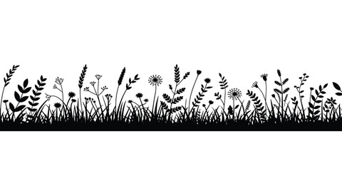 Elegant black wildflower silhouette border design element in meadow grass field vector illustration for minimalist nature inspired decor botanical art prints website banner backgrounds spring summer d