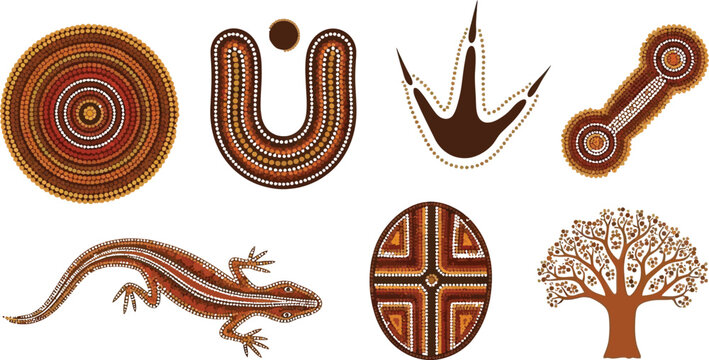 Australian aboriginal art inspired designs including lizard dots shield tree and animal tracks on transparent background
