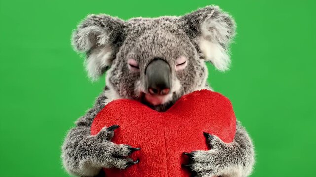 Koala Holding a Heart - A cute koala is shown hugging a red, plush heart against a bright green background. The koala has its eyes closed, appearing content or asleep.