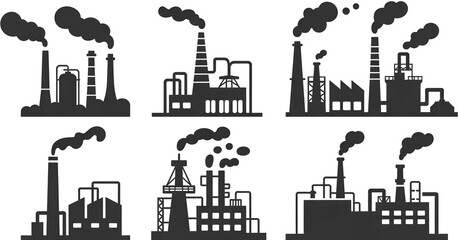 Obraz premium A set of six black and white industrial factory silhouettes arranged in two rows of three.