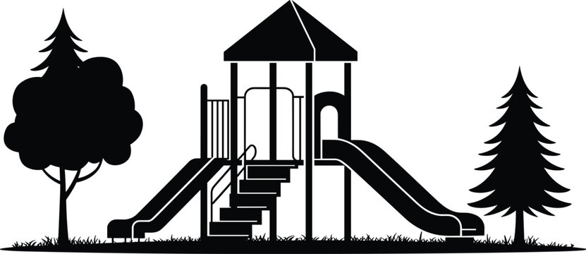 Black and white playground with slide and trees silhouette illustration for children's park recreation area outdoor activity fun childhood memories vector design for educational resources school proje