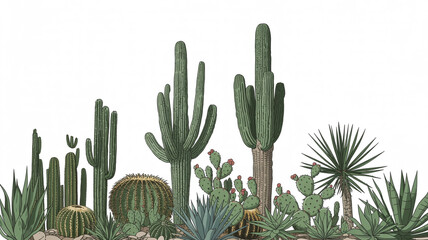 Illustrated desert garden with a variety of succulents and tall cacti against a white background