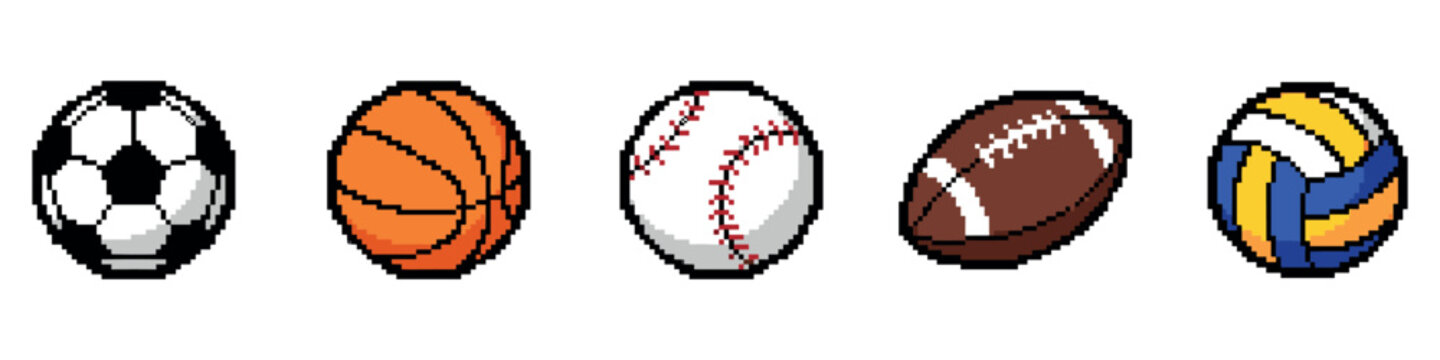 Set of pixel sports ball. Sport Balls icons. Pixelated sports balls set with soccer, basketball, baseball, volleyball, and football. Retro 8-Bit Sports Icons. Minimalist Pixel Graphics. Classic Sports