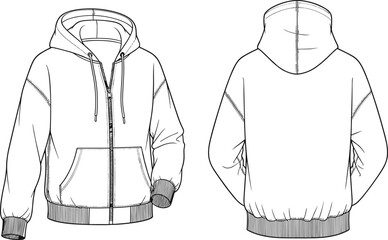 Front and back hoodie technical line drawing, unisex zip up sweatshirt template, fashion flat sketch, vector outline apparel design illustration © Sabbir's World