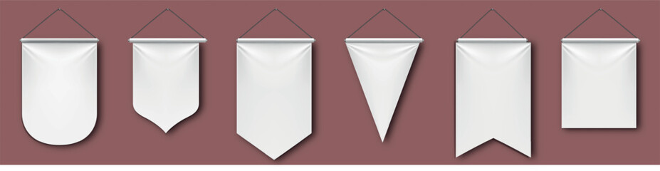 White pennant flags mockup, blank vertical banners