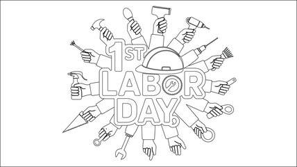 Labor Day celebration with construction worker hands holding various tools