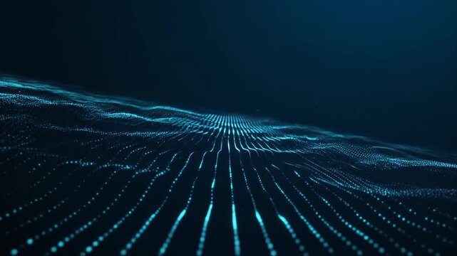 Dynamic digital landscape view with moving blue dots and static lines forming depth in a night sky environment