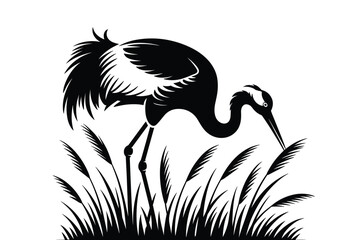 Fototapeta premium Elegant black and white crane bird feeding in marsh grass minimalist silhouette vector illustration for nature conservation wildlife sanctuary wetland preservation environmental awareness posters and