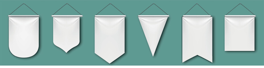 White pennant flags mockup, blank vertical banners