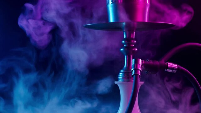 Cinematic blue and pink neon backlit hookah lounge with drifting volumetric smoke clouds, 4K.
