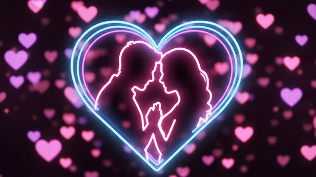 Couple in Neon Heart - video shows silhouettes of a man and woman outlined in pink neon within a blue neon heart. Blurred pink heart bokeh shapes appear in the background.