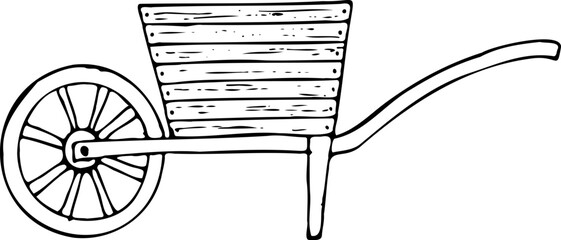 Vector line illustration of a wooden garden wheelbarrow isolated on a white background.