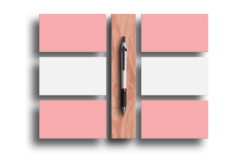 Vector illustration of a business card template set featuring red and black paper designs with a ribbon icon and professional office sign elements on a blank web banner