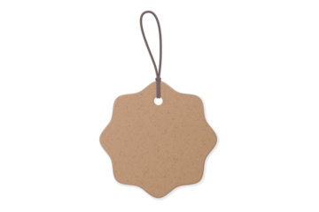 Blank vintage brown cardboard price tag with a rope string isolated on a white background, featuring an empty paper label for a retail sale message or gift noteBlank vintage brown cardboard price tag 