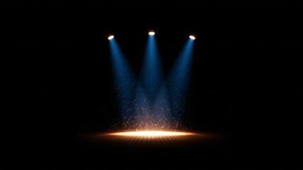 Three powerful blue spotlights illuminating a dark stage with sparkling dust particles for a dramatic effect