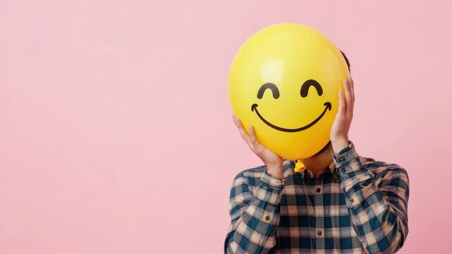 A person holding a large yellow smiley face balloon. The person has their hands up to the face, effectively hiding it from view.