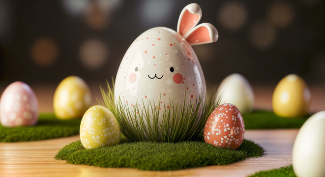 Ostern &ndash; niedliches Osterei mit Hasenohren auf Grasinseln, fr&uuml;hlingshafte Deko
