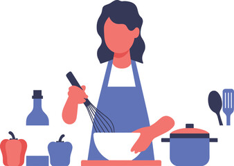 Woman Cooking in Kitchen Flat Illustration Featuring Home Meal Preparation, Healthy Food, Culinary Process and Domestic Lifestyle Concept for Modern Design Vector