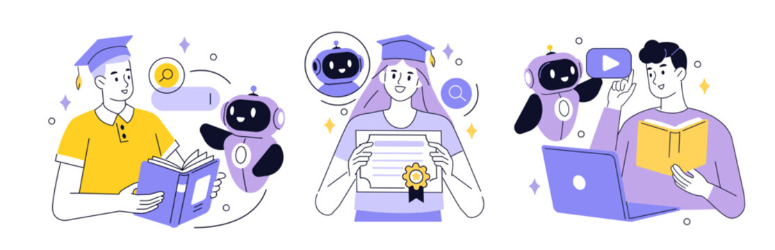 AI technology in future of education set. Robot assist students by lesson. Artificial intelligence assistant help study, gain knowledge, develop new skills. Vector outline illustration.