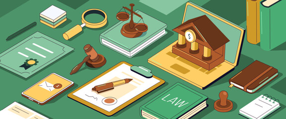 Lawyer office table with legal documents, signed contract, books and other judicial system infographic elements. Law and justice concept background. Vector isometric illustration.