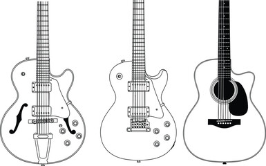 Set of detailed electric and acoustic guitar illustrations with strings, pickups and body shapes, musical instrument vector artwork for design projects
