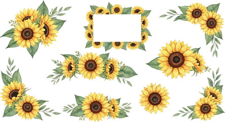 A comprehensive collection of beautiful watercolor sunflower illustrations and floral arrangements on a white background
