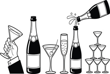 Champagne and Cocktail Party Line Illustration Set Featuring Bottles, Glasses, Toasting Hand and Celebration Drinks for Events, Luxury and Festive Design Vector