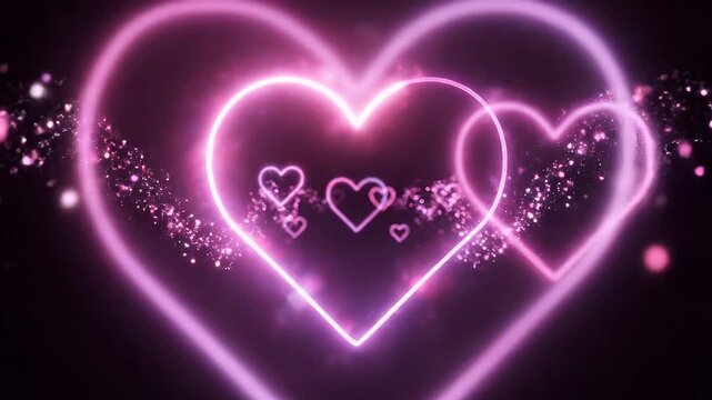 Luminous Pink Hearts with Sparkling Particles - This video features neon pink hearts surrounded by pink sparkles. The hearts are composed of an outer and inner heart, with smaller hearts inside.